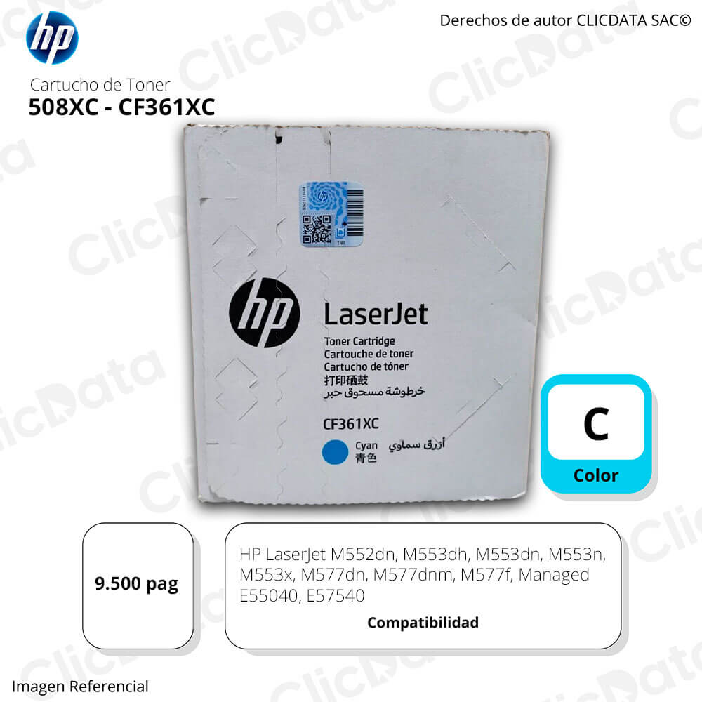 Toner HP 508XC CF361XC Cian M553dn, M552dn 9,500 pag, Original