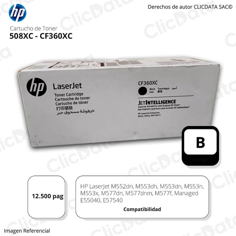 Toner HP 508XC CF360XC Negro M553dn, M552dn 12,500 pag, Original