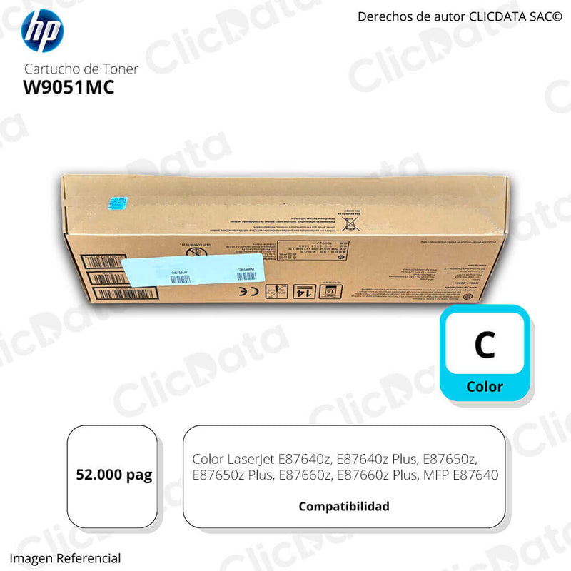 Toner Hp W9051MC Cian E87640z, E87660DN 52,000 pag Original