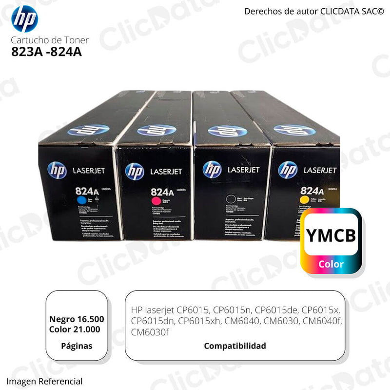 Toner Hp 823A, 824A CYMK CP6015, CP6015de Kit Completo