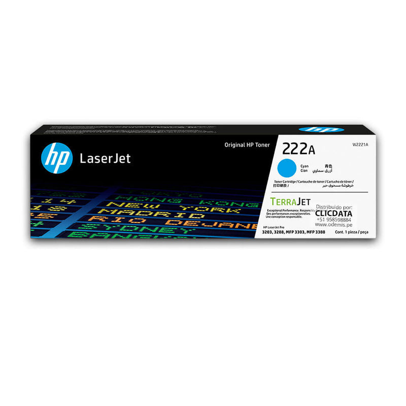 Tóner HP 222A W2221A Cian 1,200 Pág. LaserJet 3303 Original