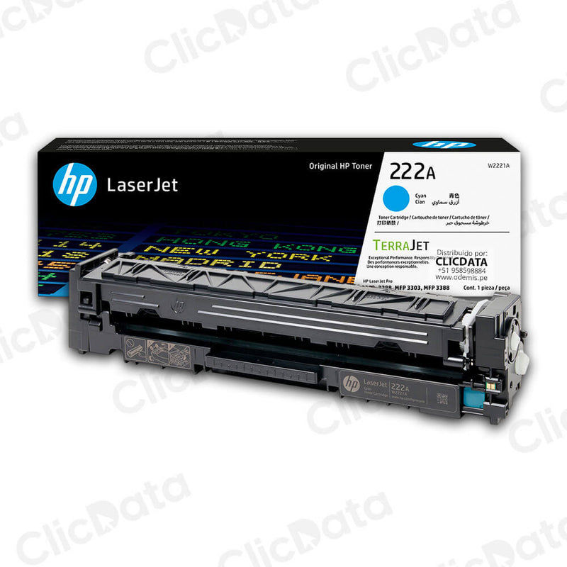 Tóner HP 222A W2221A Cian 1,200 Pág. LaserJet 3303 Original