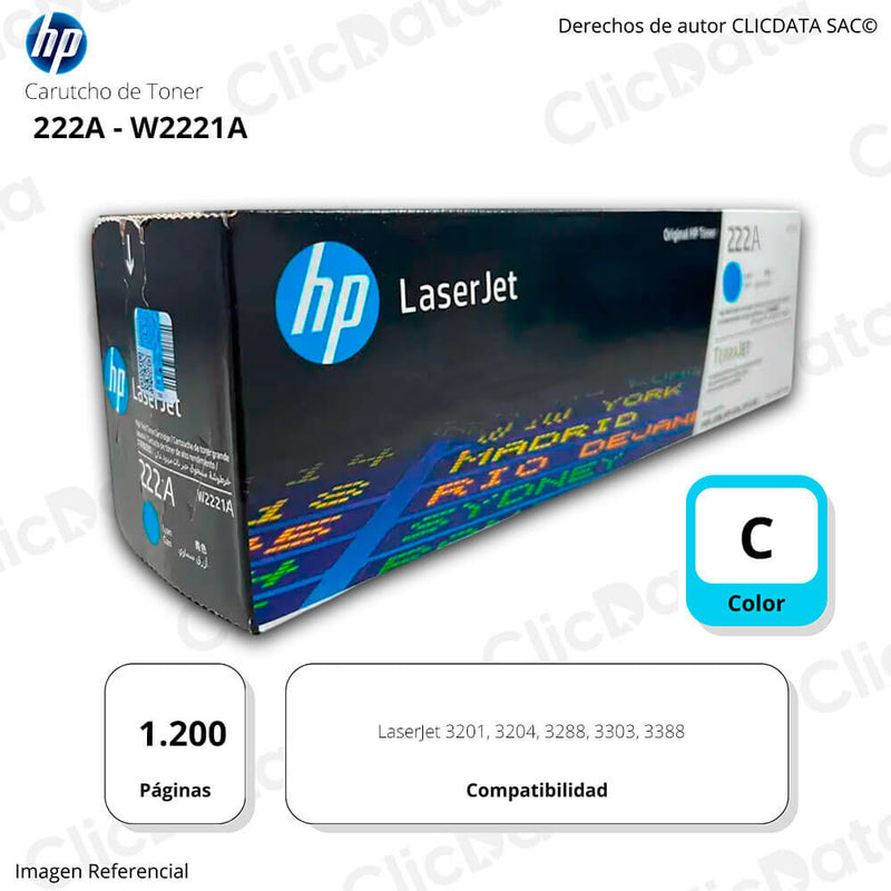 Tóner HP 222A W2221A Cian 1,200 Pág. LaserJet 3303 Original