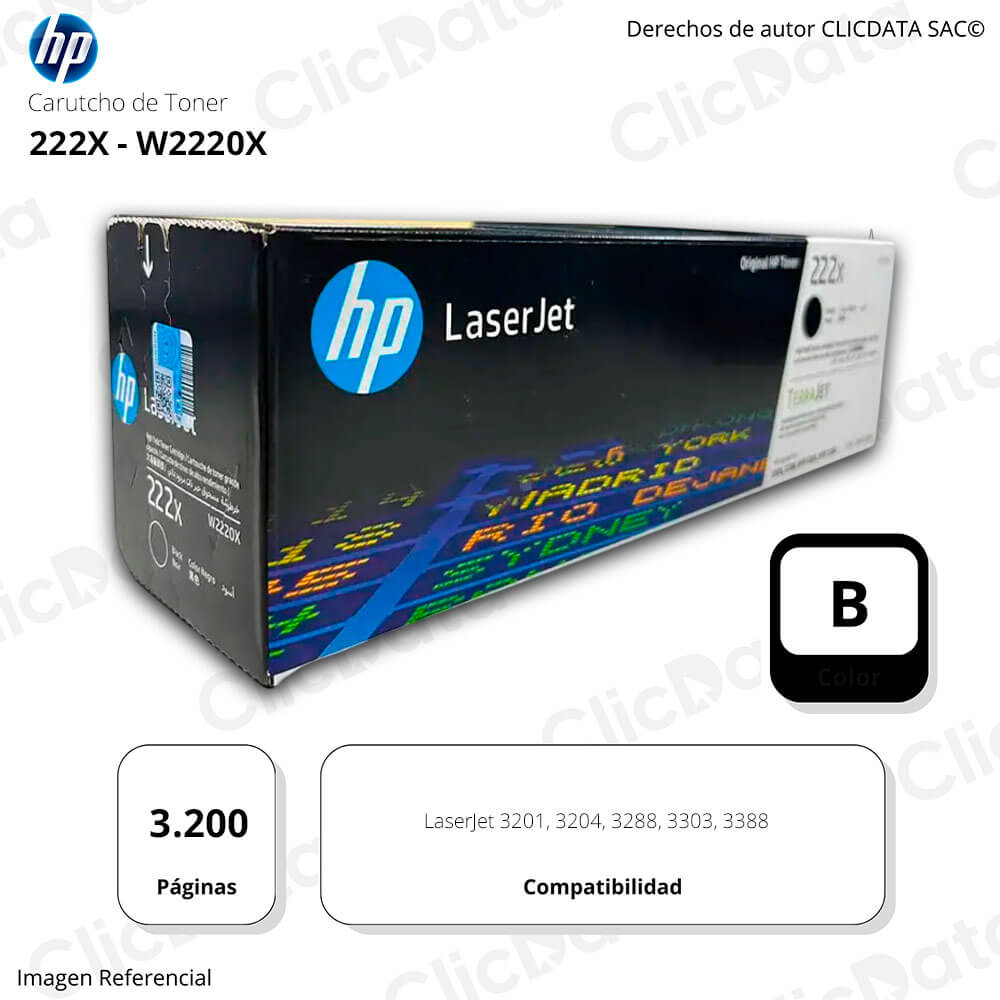 Toner Hp 222X W2220X Negro 3201, 3388, 3303 3,200 pag Original
