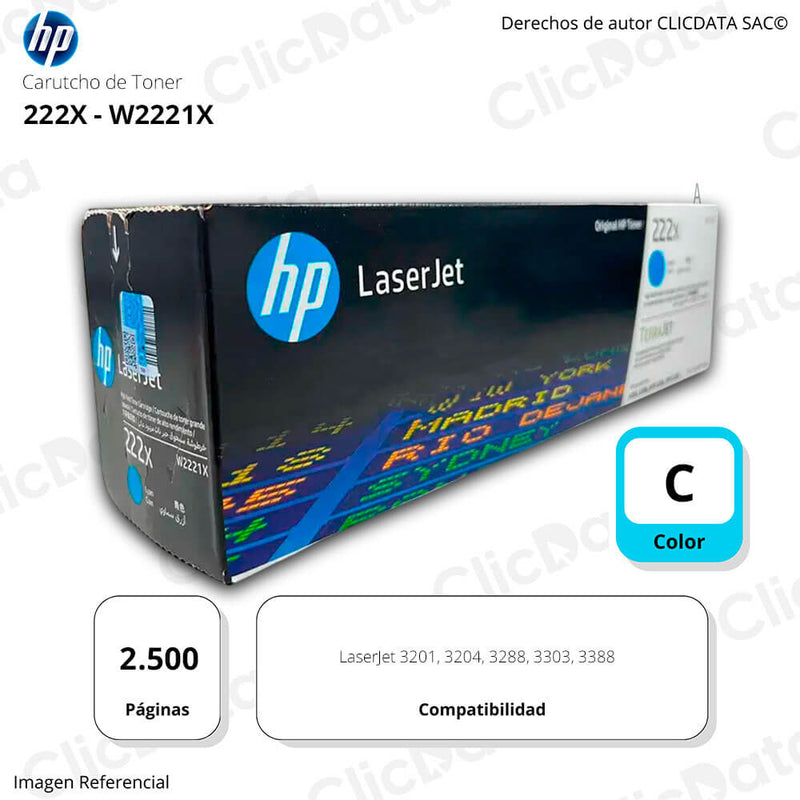 Toner HP 222X W2221X Cyan 2,500 pág. LaserJet Pro 3203
