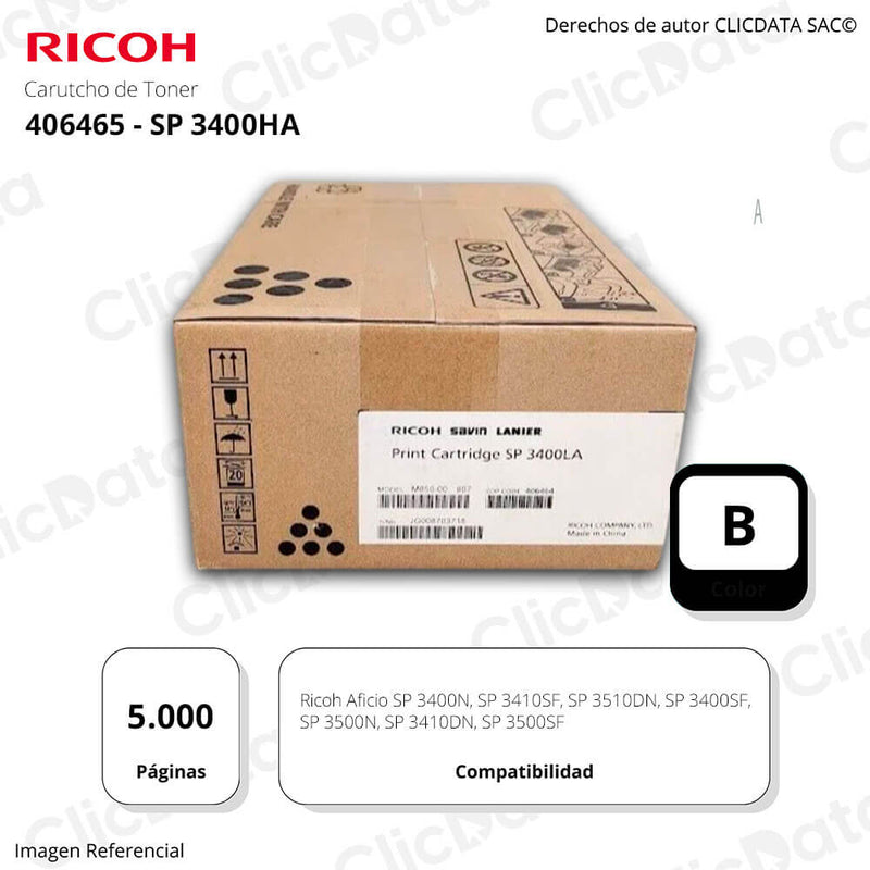 Toner Ricoh 406465 Negro 3510, SP 3400HA 5,000 pag Original