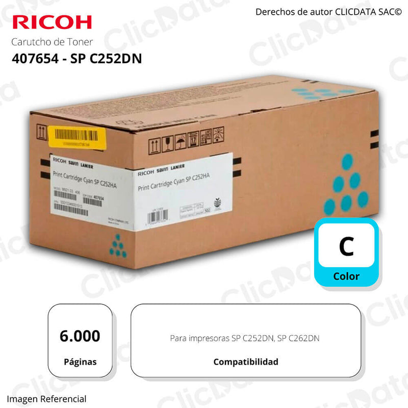 Toner Ricoh 407654 Cyan C262DN, SP C252DN 6,000 pag Original