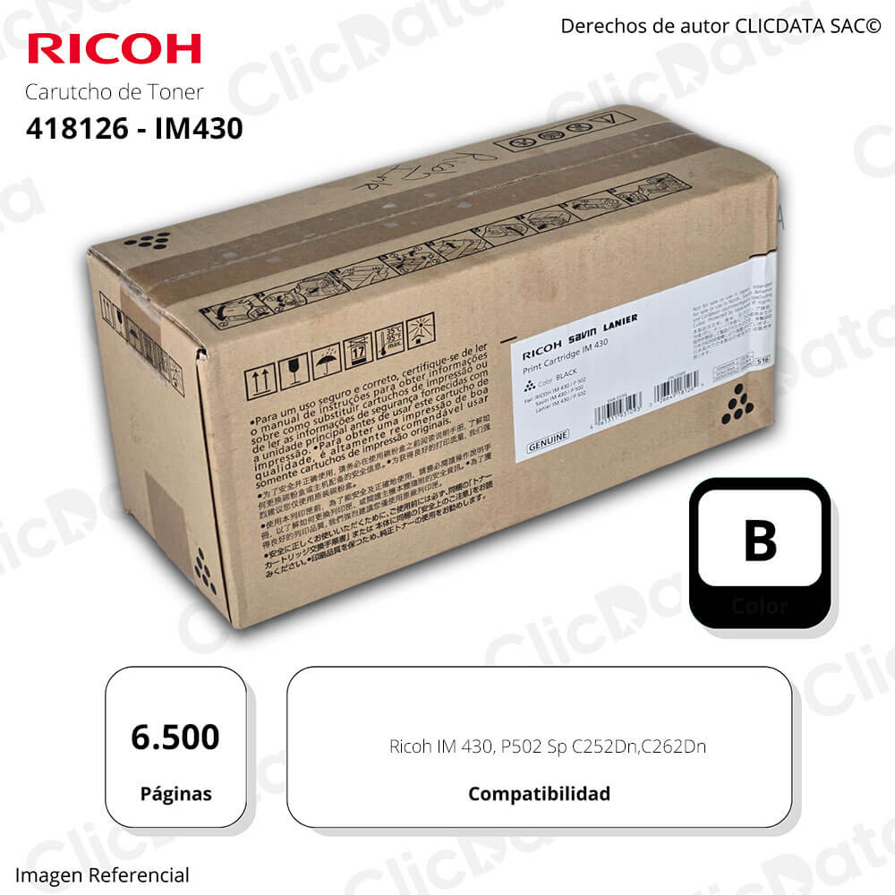 Toner Ricoh 418126 Negro IM430, P502 6,500 pag Original