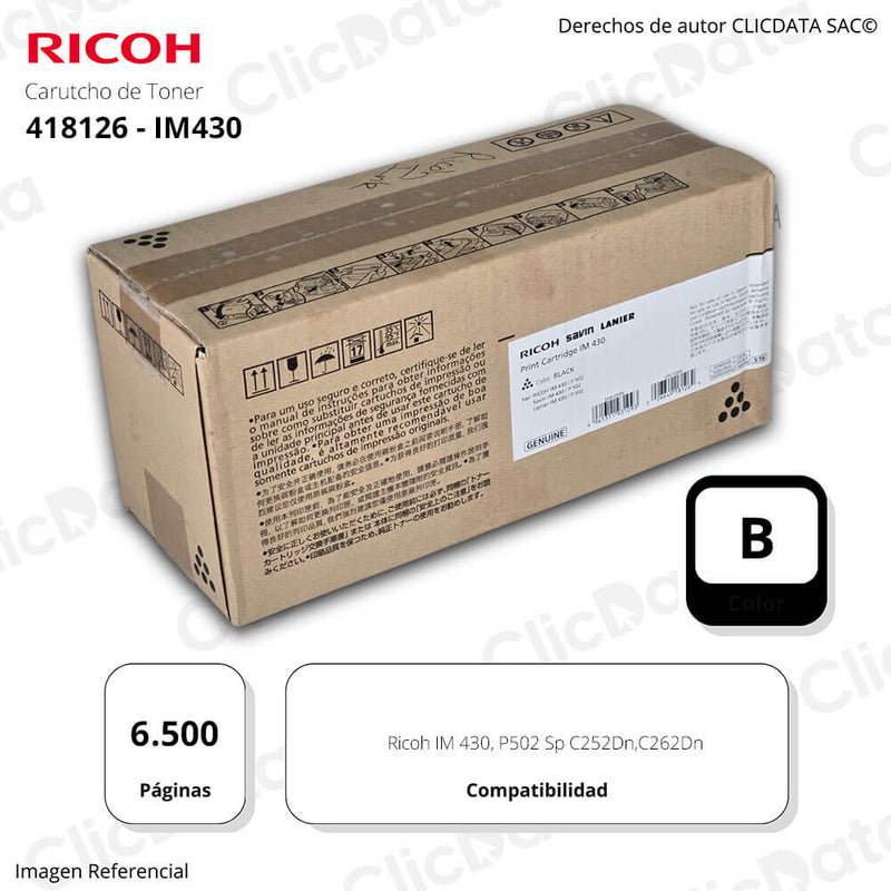 Toner Ricoh 418126 Negro IM430, P502 6,500 pag Original