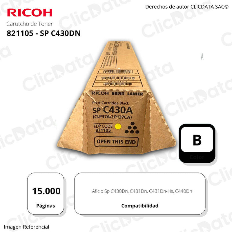 Toner Ricoh 821105 Negro C431Dn, SP C430Dn 15,000 pag Original