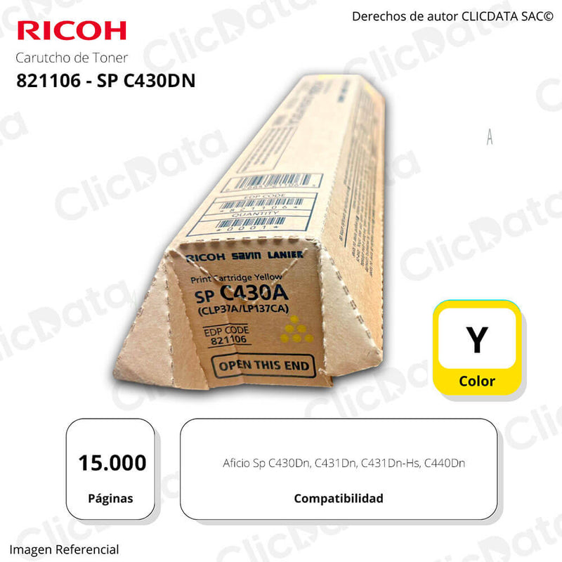 Toner Ricoh 821106 Yellow C431Dn, SP C430Dn 15,000 pag Original