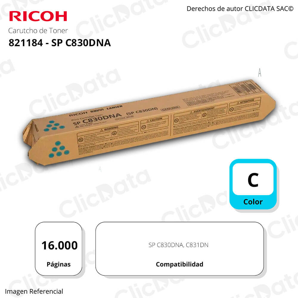 Toner Ricoh 821184 Cyan C831DN, SP C830DNA 16,000 pag Original