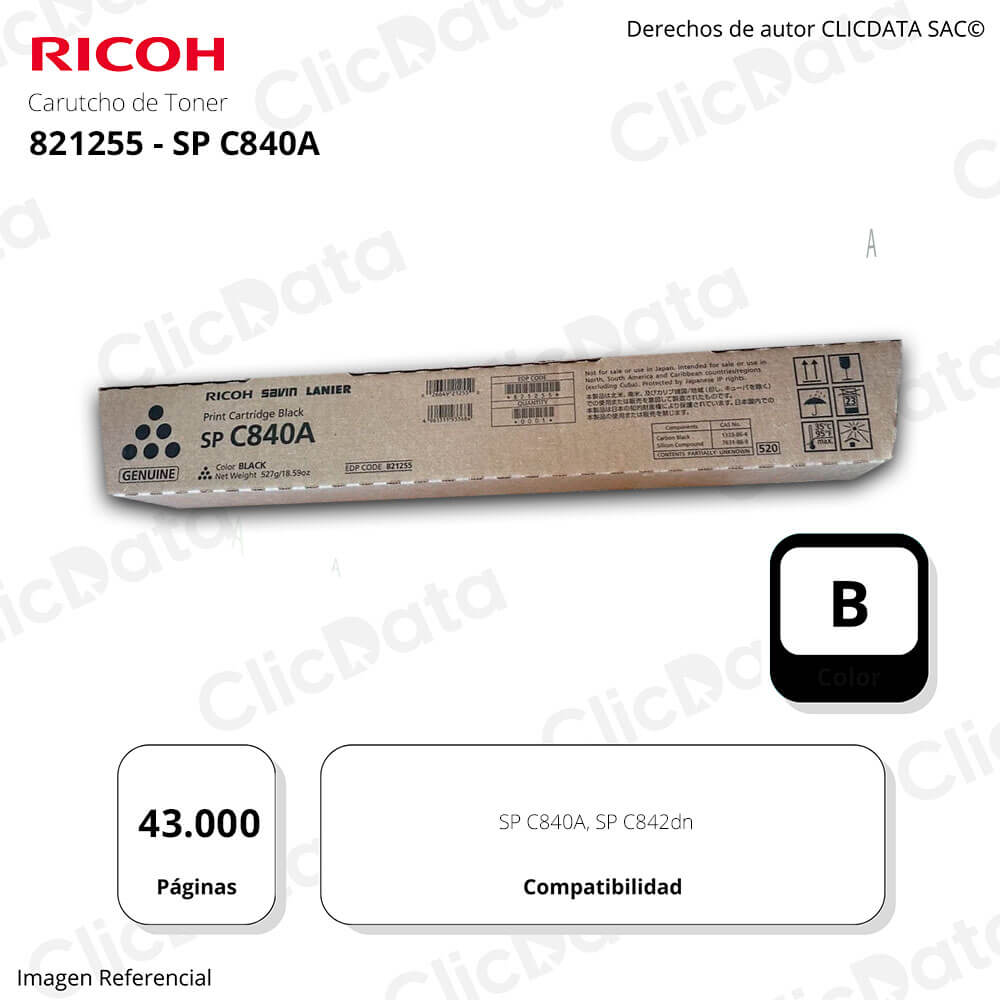 Toner Ricoh 821255 Negro C842dn, SP C840A 43,000 pag Original