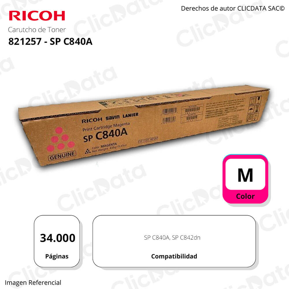 Toner Ricoh 821257 Magenta C842dn, SP C840A 34,000 pag Original