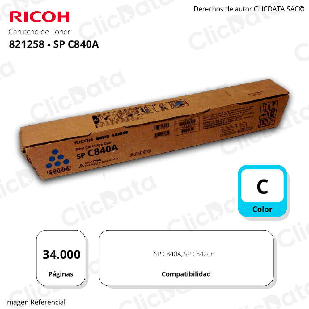 Toner Ricoh 821258 Cyan C842dn, SP C840A 34,000 pag Original