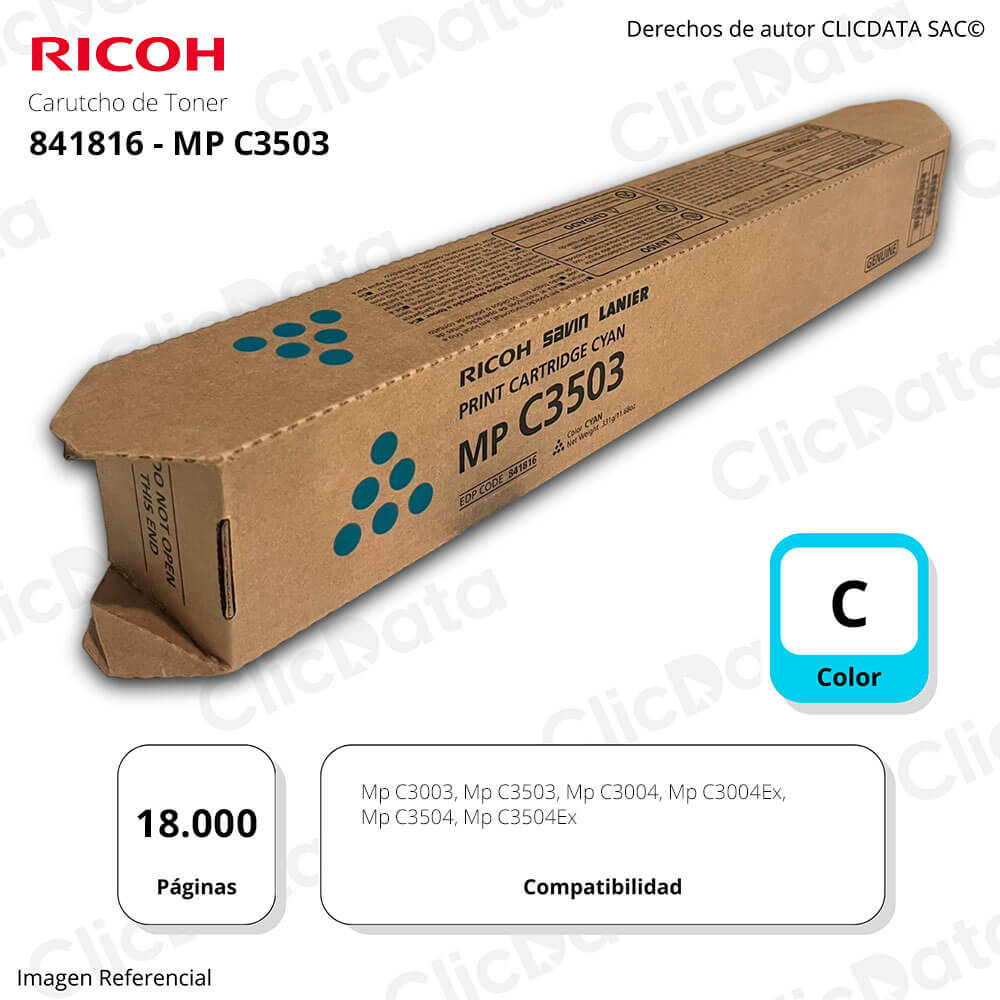 Toner Ricoh 841816 Cyan MP C3003, C3503, C3504, C3004 Original