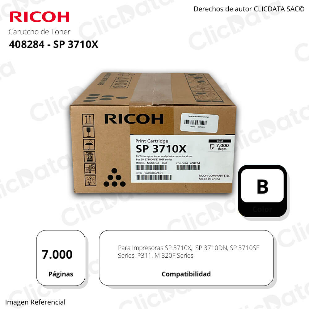 Toner Ricoh 408284 Negro 3710DN, SP 3710X 7.000 Pág Original