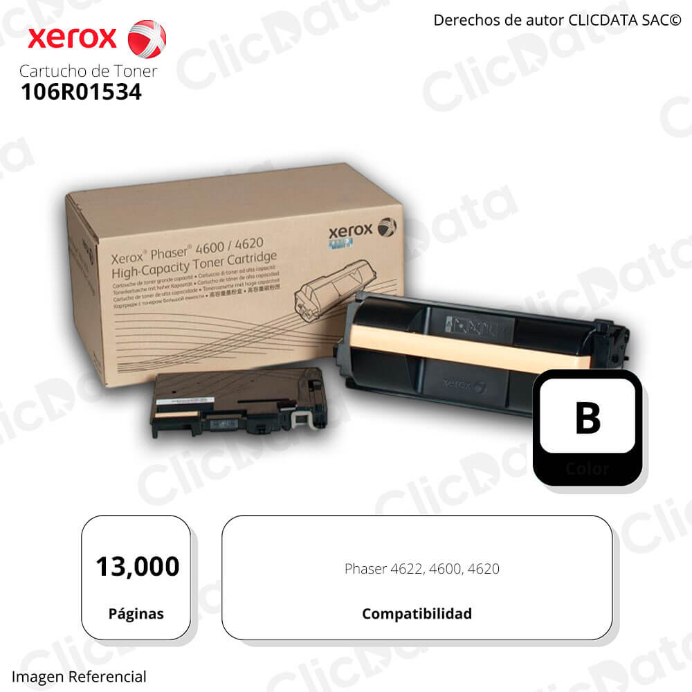 Toner Xerox 106R01534 Negro Phaser 4600, 4620 13,000 pág