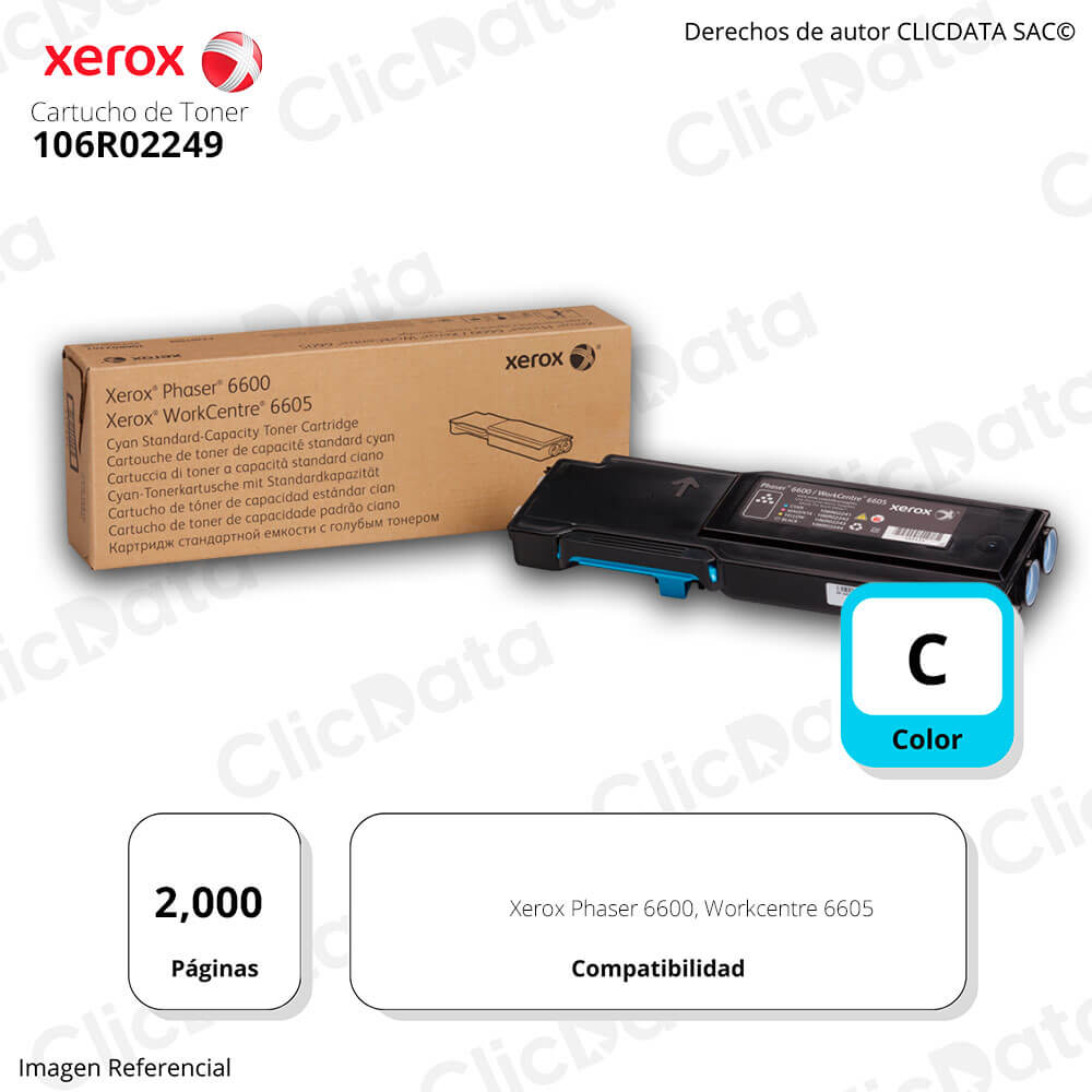 Toner Xerox 106R02249 Cyan PH 6600, WC 6605 2,000 pag