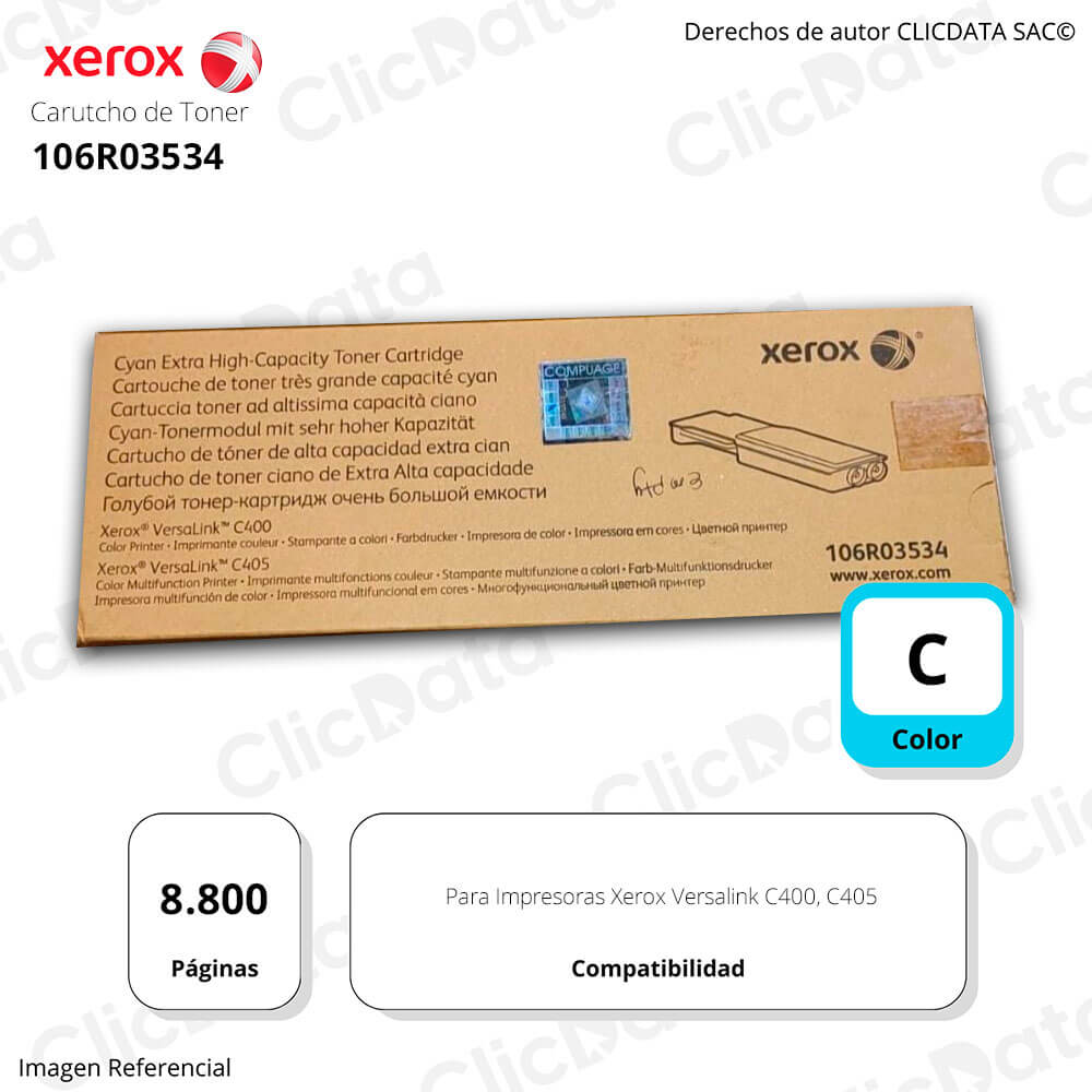 Toner Xerox 106R03534 Cyan Versalink C400, C405 8,800 pag