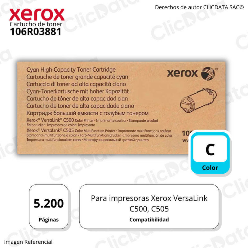 Toner Xerox 106R03881 Cyan 5,200 Pag VersaLink C505 Original