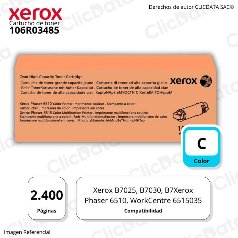 Toner Xerox 106R03485 Cyan 2,400 Pág. Phaser 6510 Original