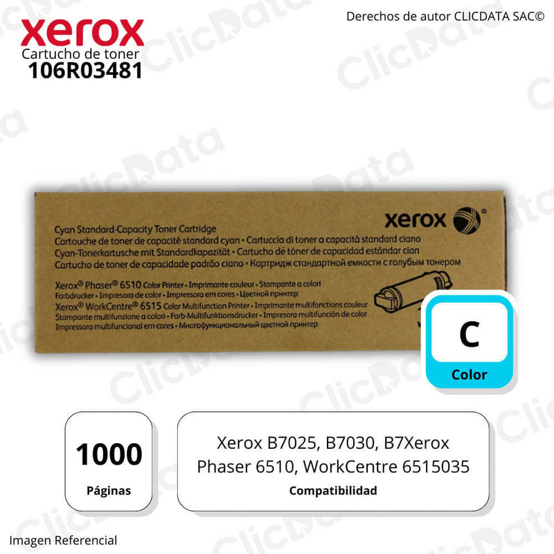 Toner Xerox 106R03481 Cyan 1,000 Pág. Phaser 6510 Original