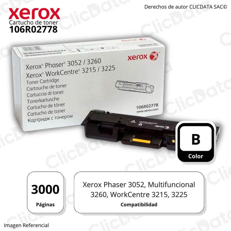 Toner Xerox 106R02778 Black 3,000 Pág. Xerox Phaser 3052 Original