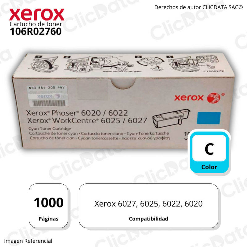 Toner Xerox 106R02760 Cyan 1,000 Pág. Xerox 6027, 6025 Original