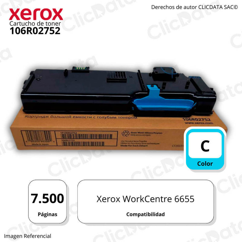 Toner Xerox 106R02752 Cyan 7,500 Pág. WorkCentre 6655 Original