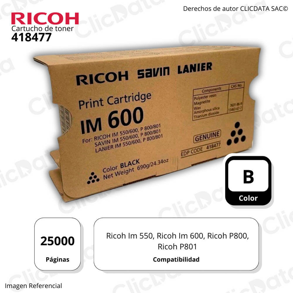 Toner Ricoh 418477 Black 25K Pág. IM500, IM 600 Original