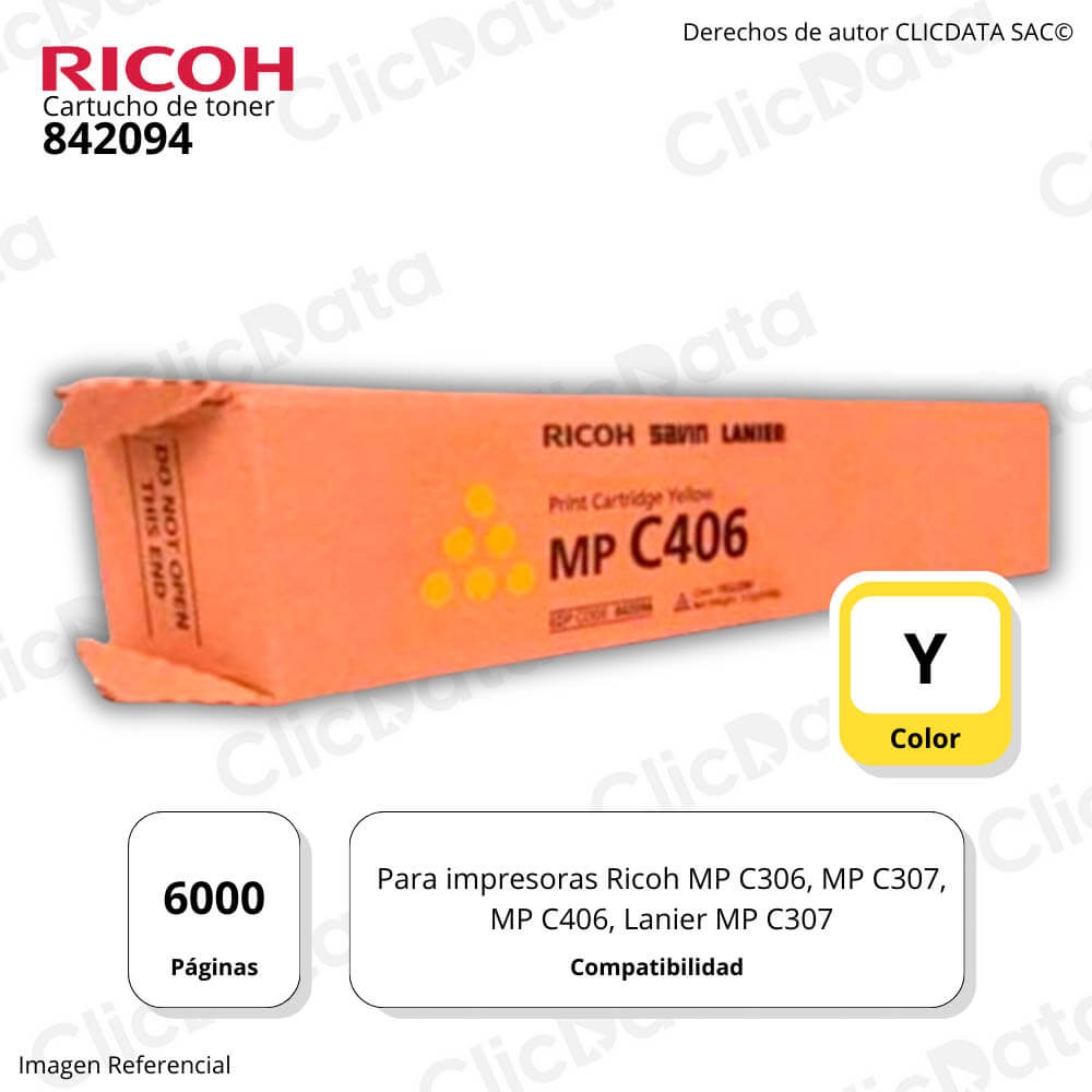 Toner Ricoh 842094 Yellow 6,000 Pág. Ricoh MP C306, C307 Original