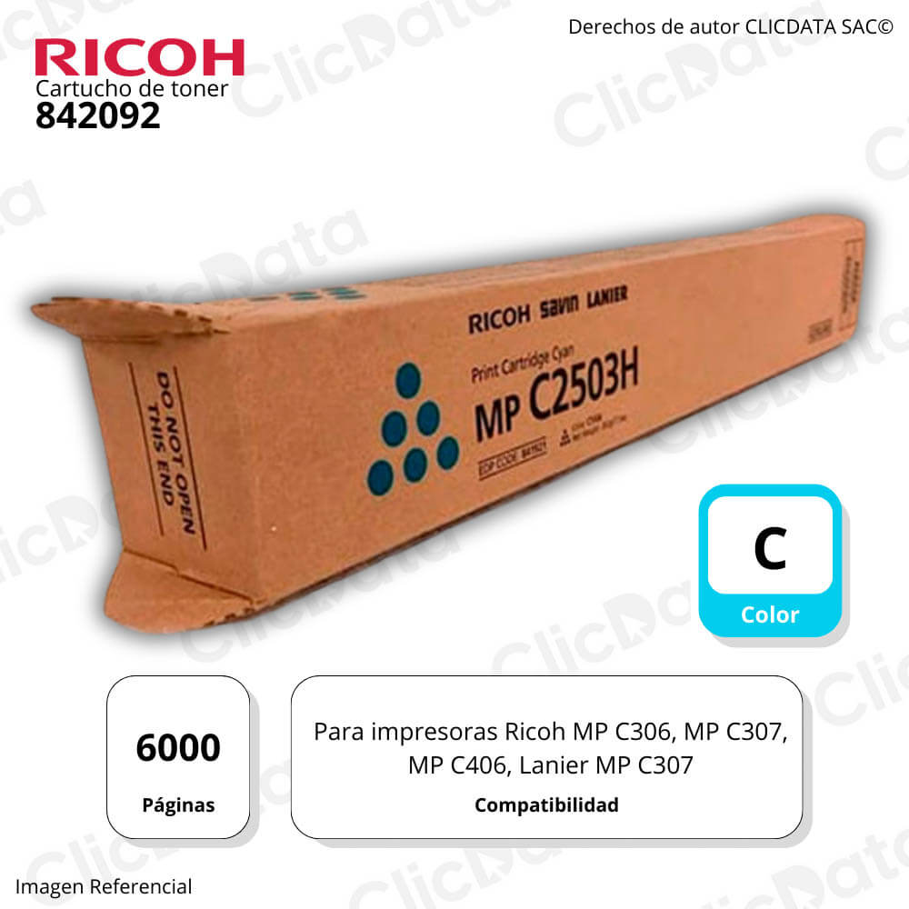 Toner Ricoh 842092 Cyan 6,000 Pág. Lanier MP C307, C406 Original