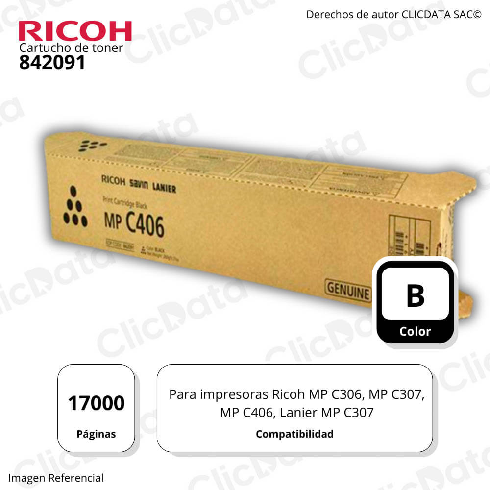 Toner Ricoh 842091 Negro 17K Pág. Ricoh MP C307, C406 Original