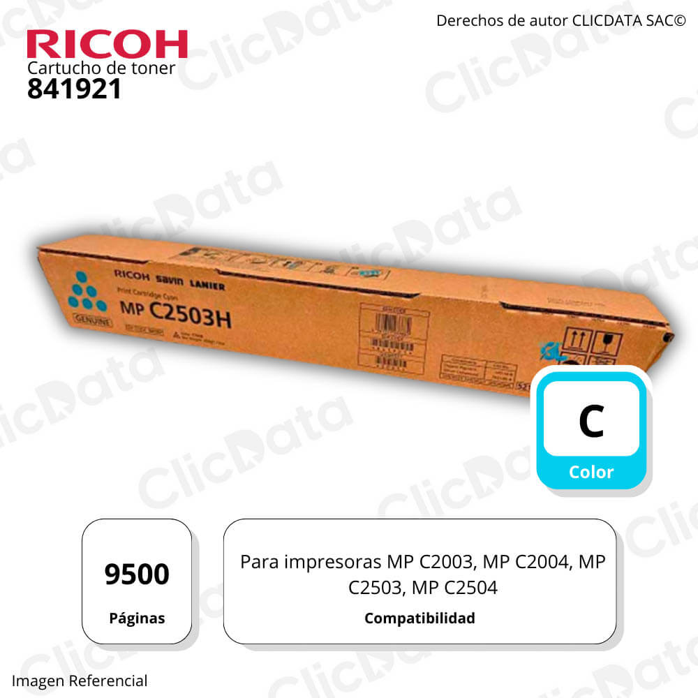 Toner Ricoh 841921 Cyan 9,500 Pág. MP C2503, MP C2504 Original