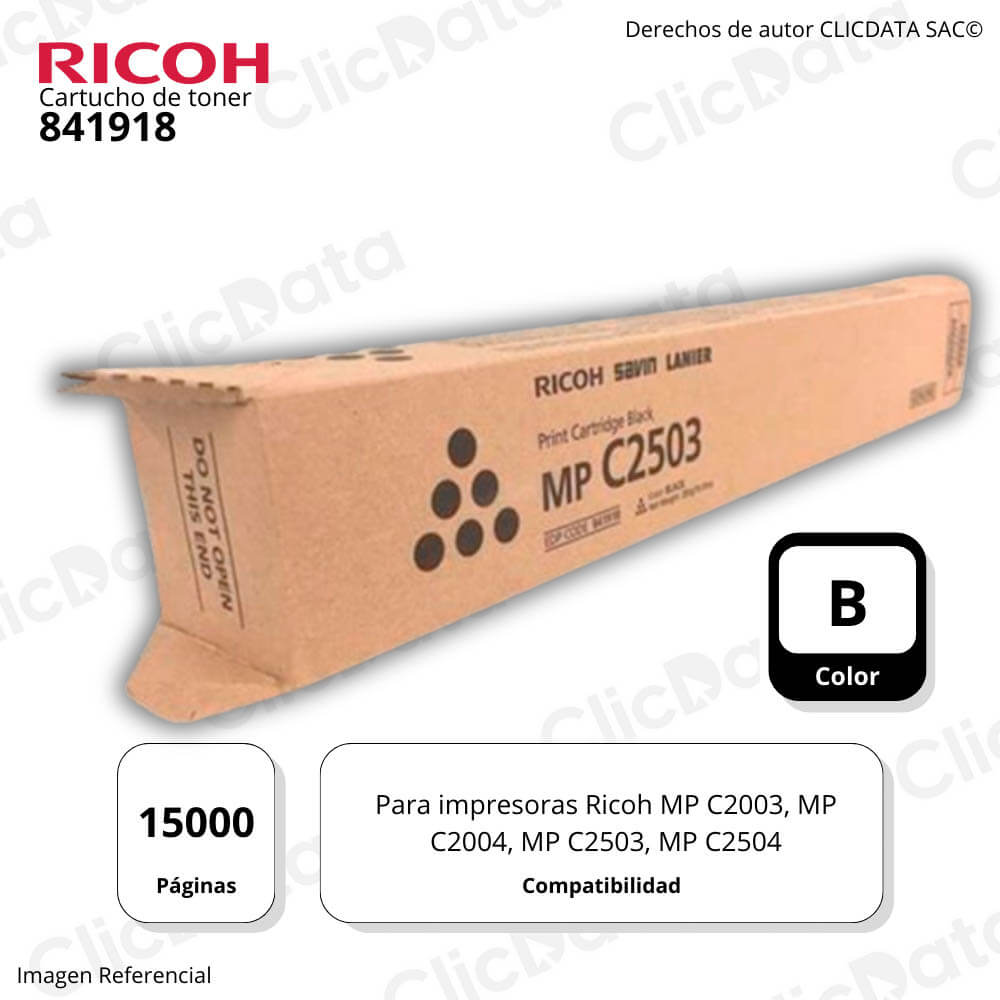 Toner Ricoh 841918 Negro 15K Pág. MP C2503, MP C2004 Original