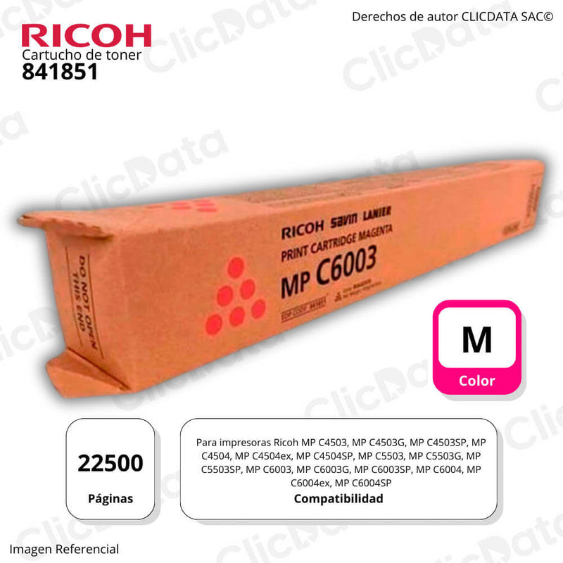 Toner Ricoh 841851 Magenta 22,5K Pág. MP C6004, MP C4503 Original