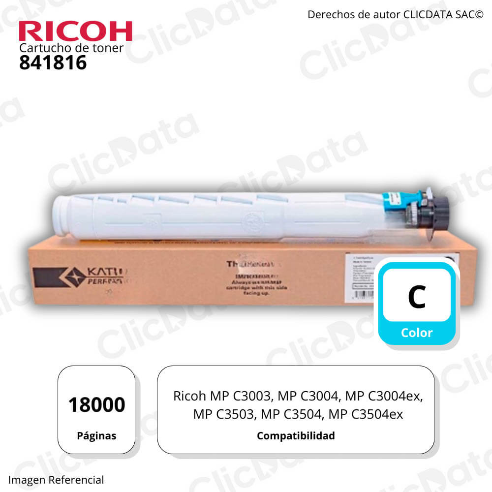 Toner Ricoh 841816 Cyan 18K Pág. Ricoh MP C3003, C3504 Original