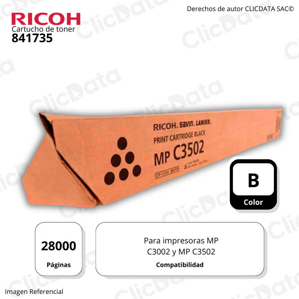Toner Ricoh 841735 Negro 28K Pág. MP C3002, MP C3502 Original