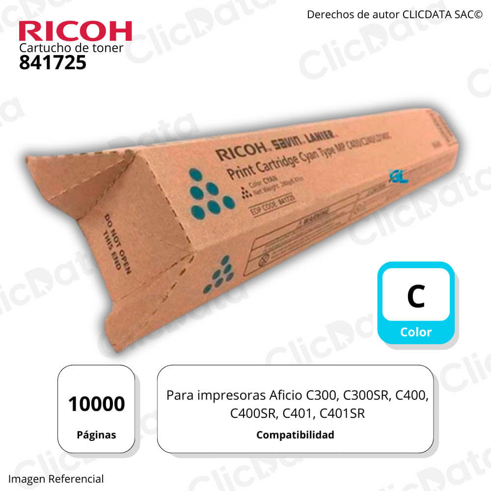 Toner Ricoh 841725 Cyan 10,000 Pág. C300, C401 Original