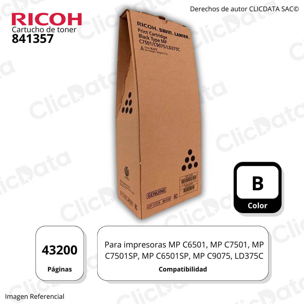 Toner Ricoh 841357 Black 43,2K Pág. MP C9075, C6501 Original