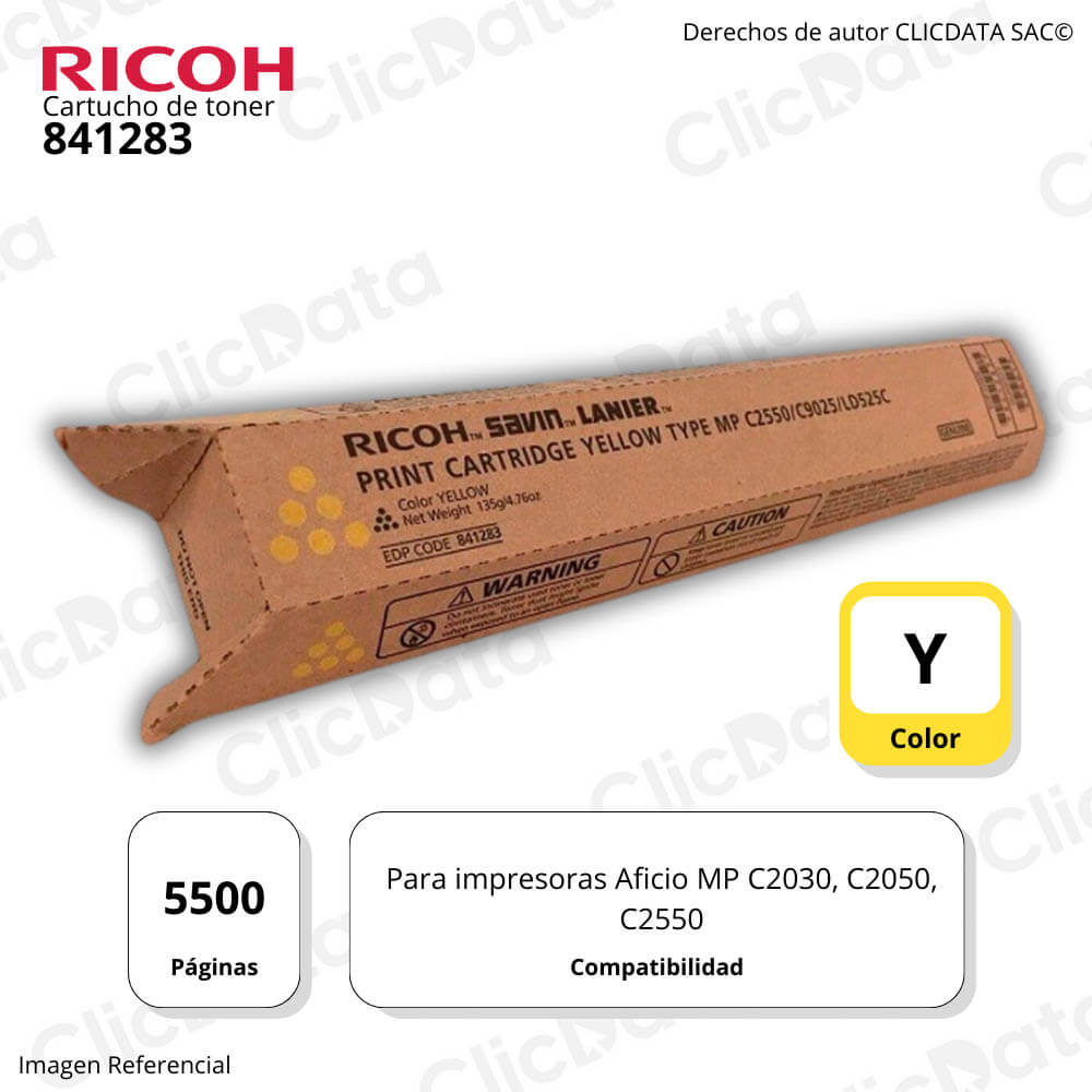 Toner Ricoh 841283 Yellow 5,500 Pág. MP C2050, C2550 Original