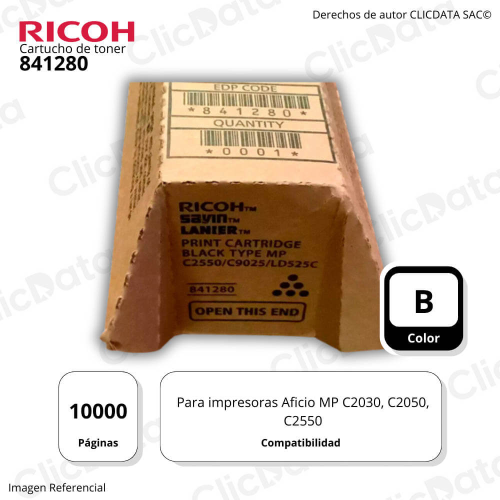 Toner Ricoh 841280 Black 10K Pág. MP C2030, C2050 Original