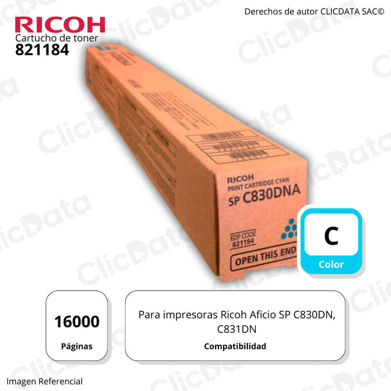 Toner Ricoh 821184 Cyan 16,000 Pág. SP C830DN, C831DN Original