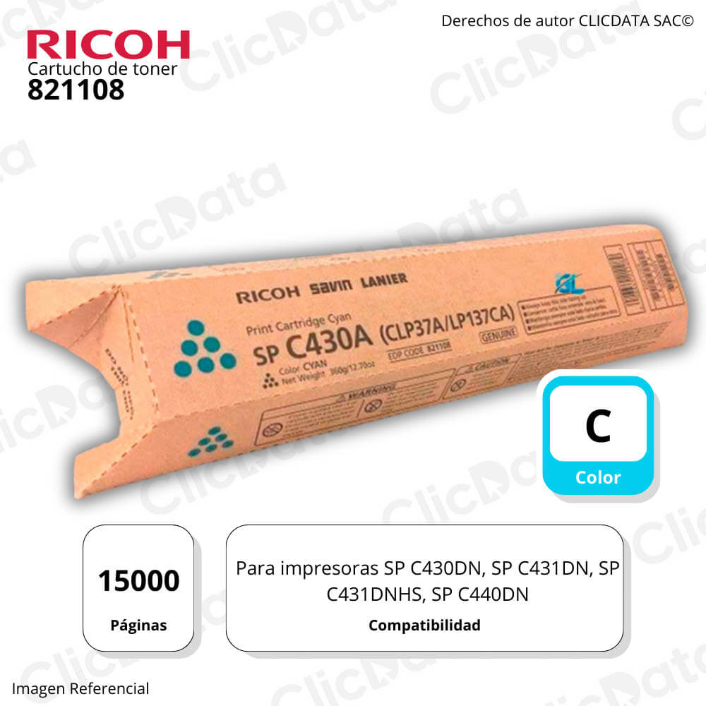 Toner Ricoh 821108 Cyan 15K Pág. SP C430dn, C431dn Original