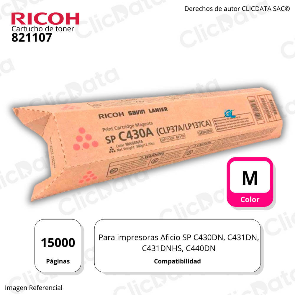 Toner Ricoh 821107 Magenta 15K Pág. SP C430dn, C431dn Original