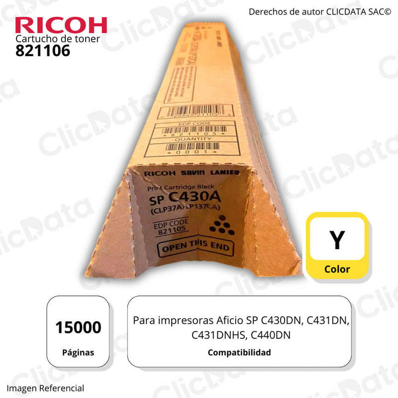 Toner Ricoh 821106 Yellow 15K Pág. SP C430dn, C431dn Original