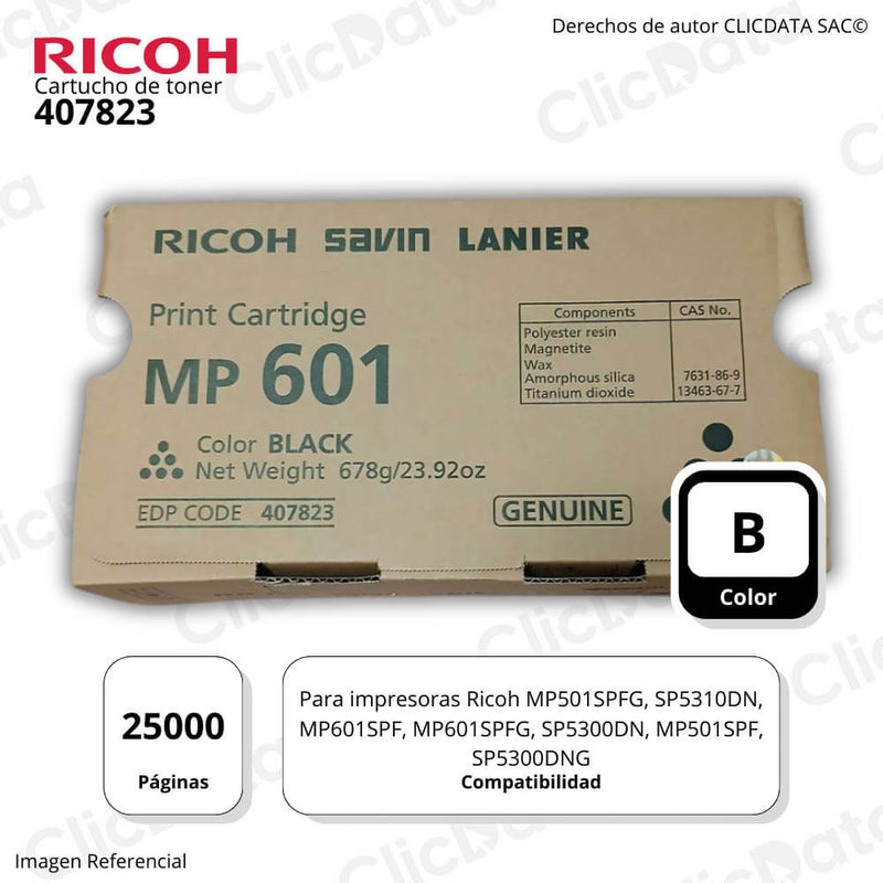 Toner Ricoh 407823 Negro 25 000 Pag MP601, MP501 Original