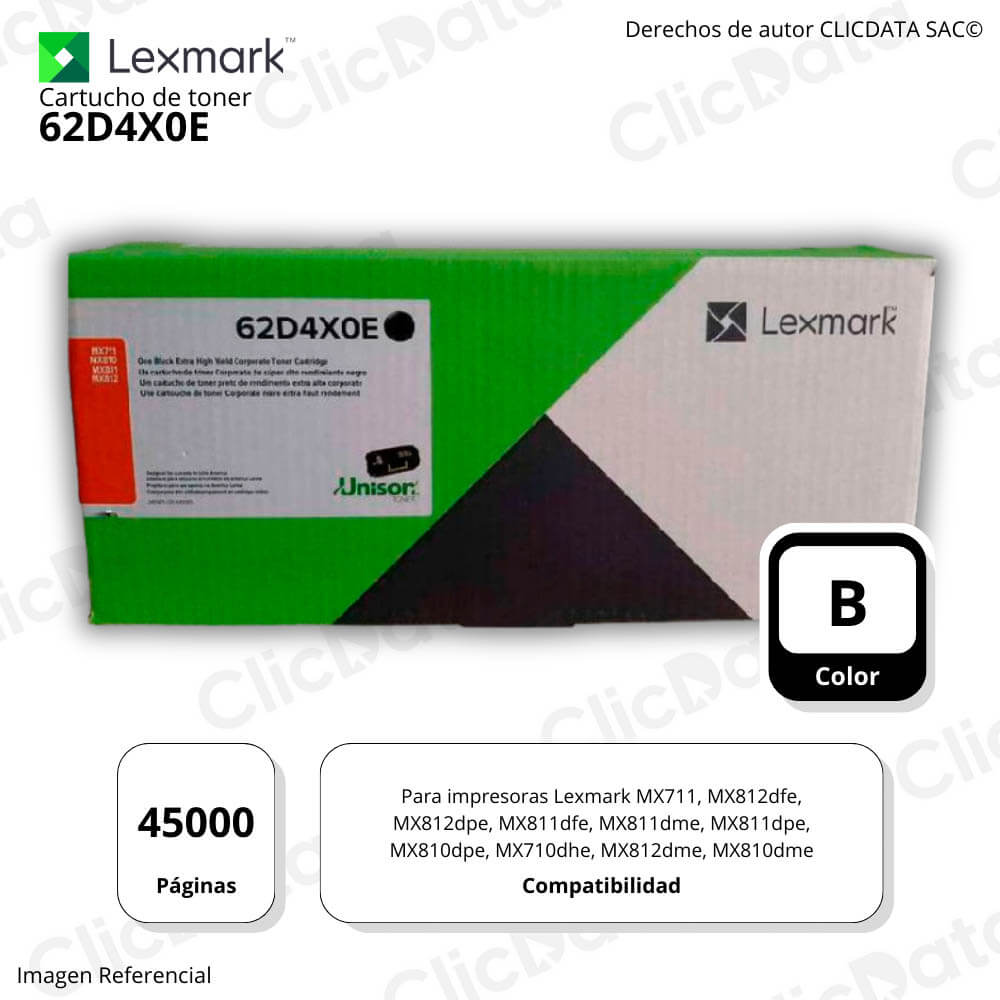 Toner Lexmark 62D4X0E Negro 45K Pág. MX711, MX810dne Original