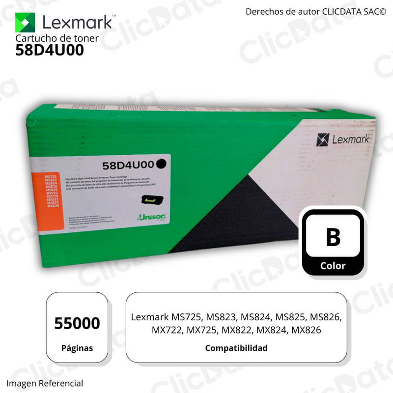 Toner Lexmark 58D4U00 Negro 55,000 Pág. MX824, MX826 Original